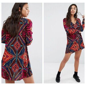Billabong Women's Multicolor Geometric Print 3/4 Sleeve V-neck Dress Size Large